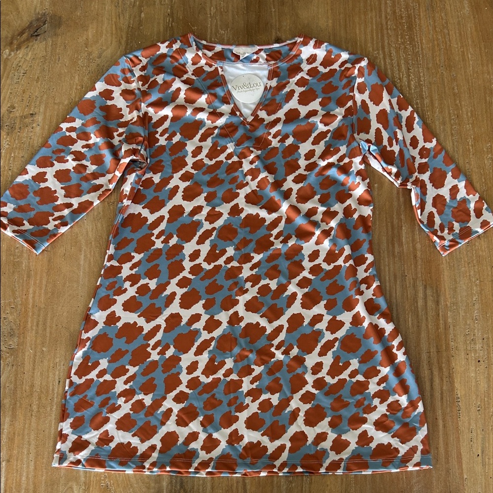Viv&Lou Rust Blue Leopard Print Notch Neck 3/4 Sleeve Shift Dress Small